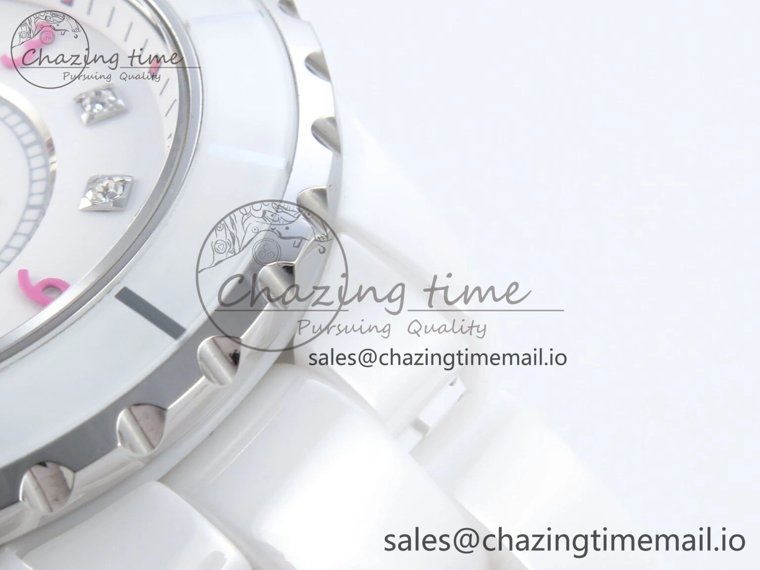 FashionForward J13 38mm White Ceramic HTF 1:1 Best Edition Pink Dial Diamonds Makers on Bracelet A 6448