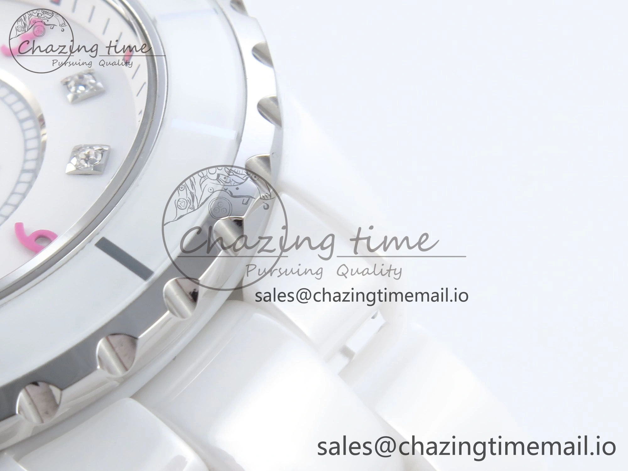 FashionForward J13 38mm White Ceramic HTF 1:1 Best Edition Pink Dial Diamonds Makers on Bracelet A 6448