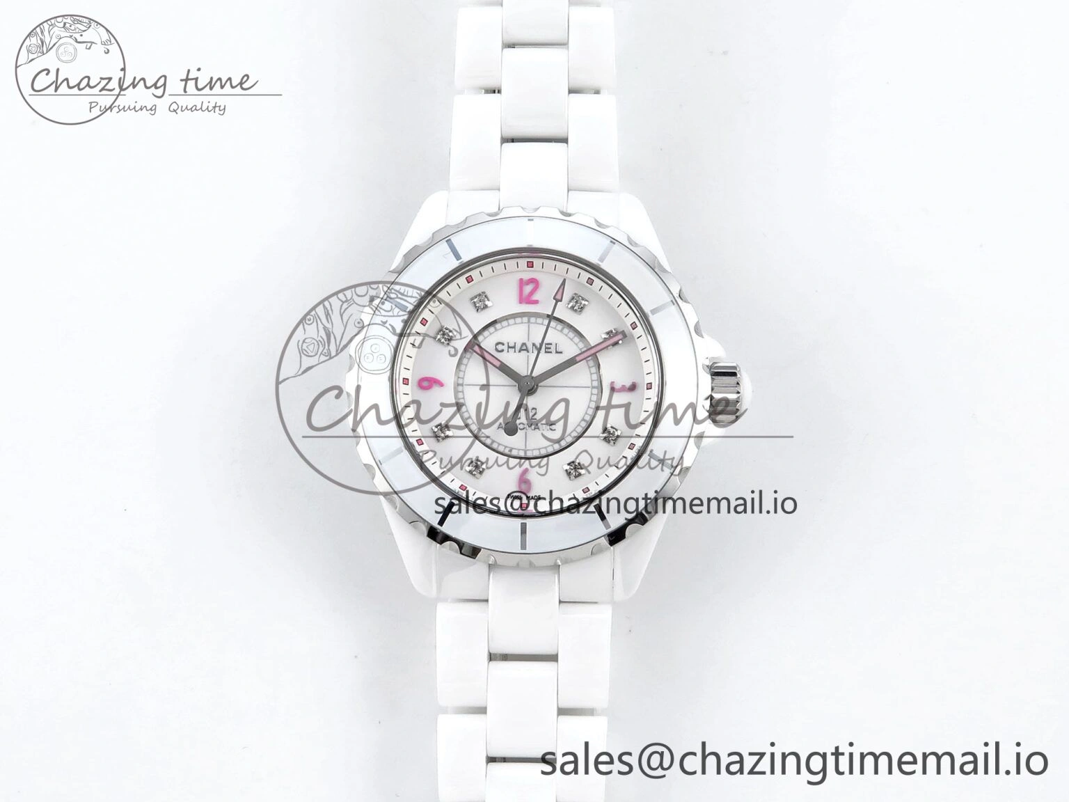 FashionForward J13 38mm White Ceramic HTF 1:1 Best Edition Pink Dial Diamonds Makers on Bracelet A 6448