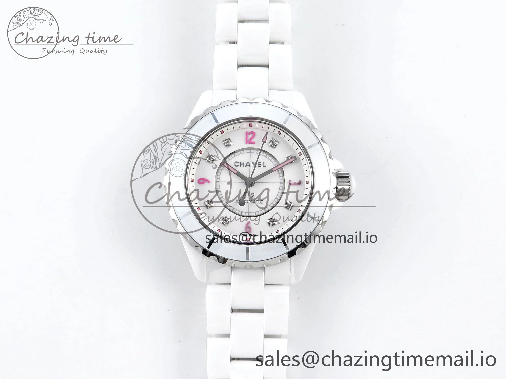 FashionForward J13 38mm White Ceramic HTF 1:1 Best Edition Pink Dial Diamonds Makers on Bracelet A 6448