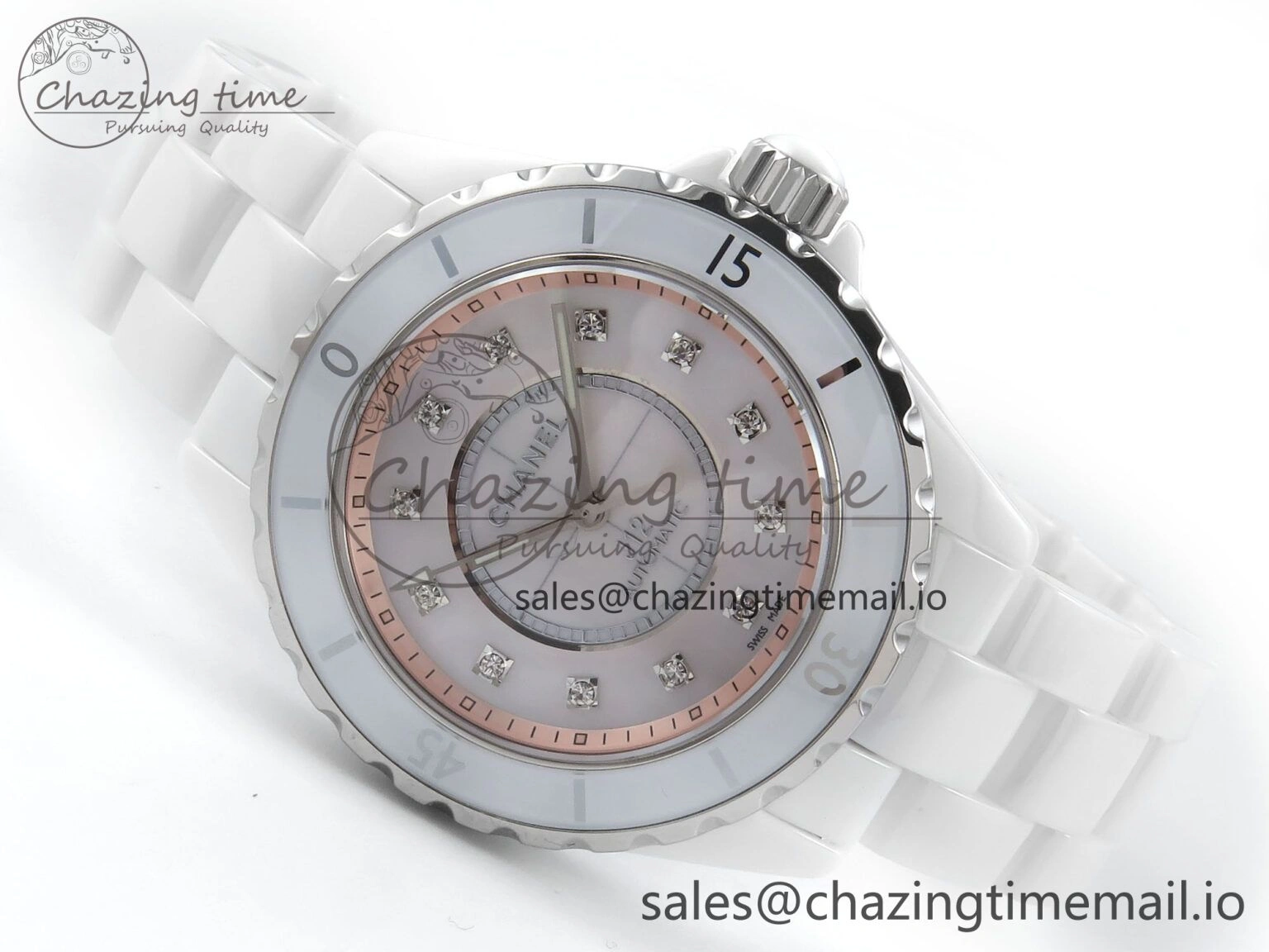 J13 38mm White Ceramic HTF 1:1 Best Edition Pink MOP Dial Diamonds Markers on Bracelet A Classic 6451