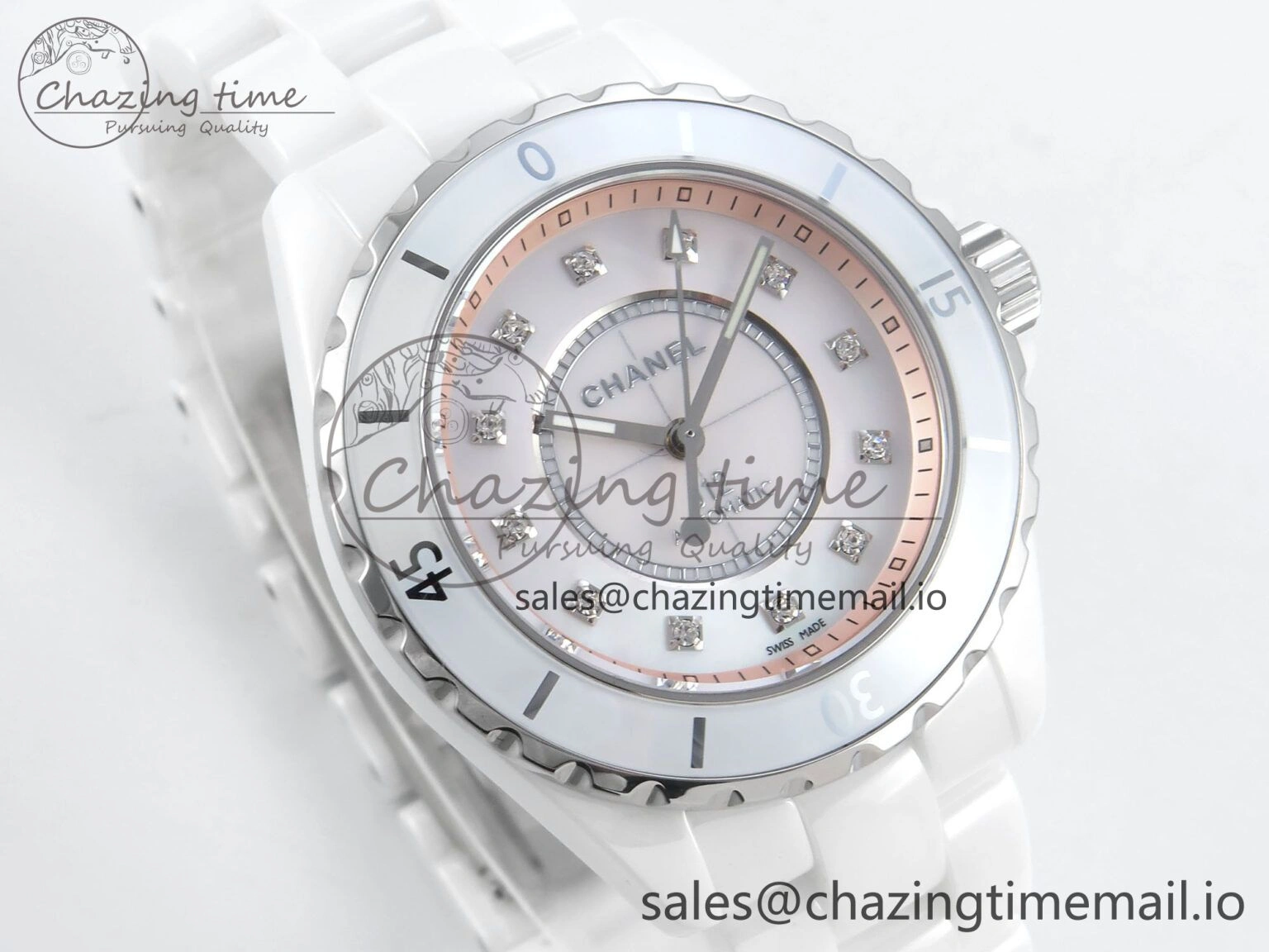 J13 38mm White Ceramic HTF 1:1 Best Edition Pink MOP Dial Diamonds Markers on Bracelet A Classic 6451