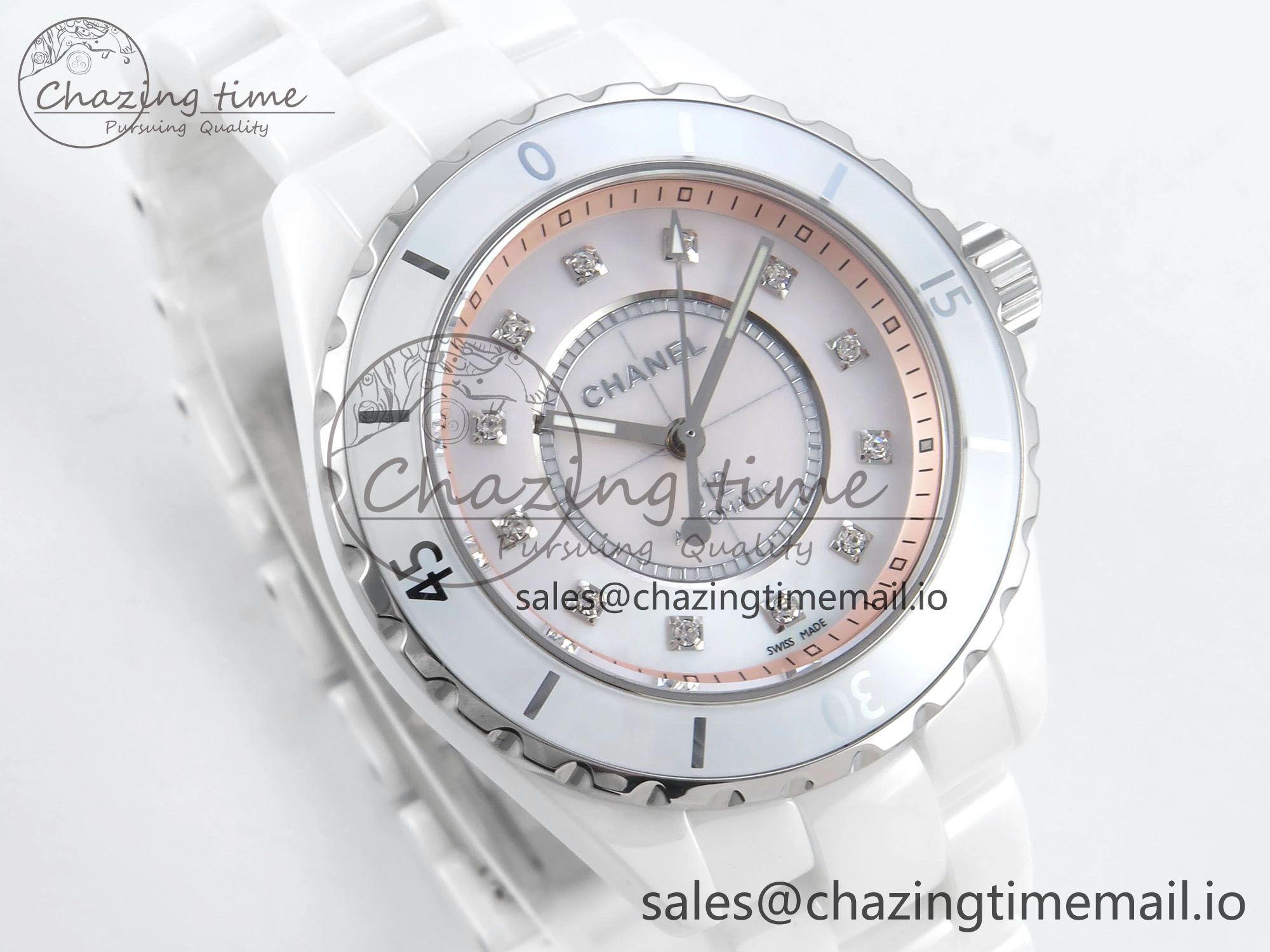 J13 38mm White Ceramic HTF 1:1 Best Edition Pink MOP Dial Diamonds Markers on Bracelet A Classic 6451