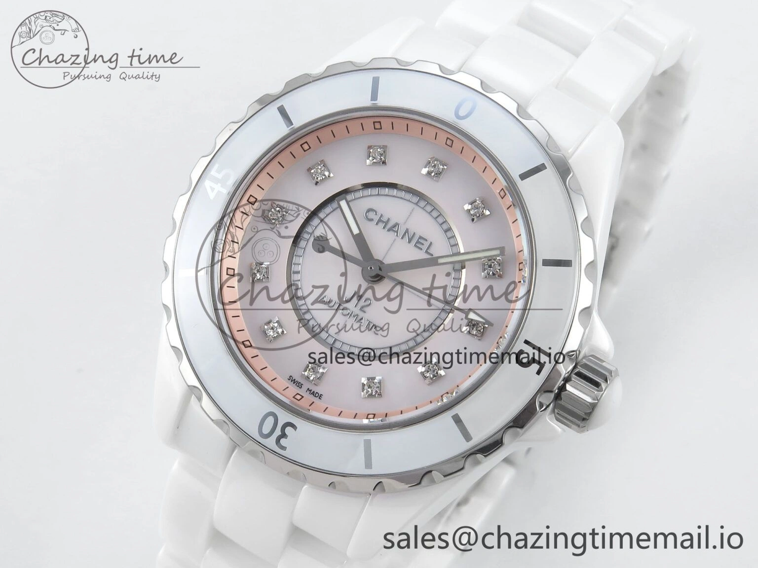 J13 38mm White Ceramic HTF 1:1 Best Edition Pink MOP Dial Diamonds Markers on Bracelet A Classic 6451
