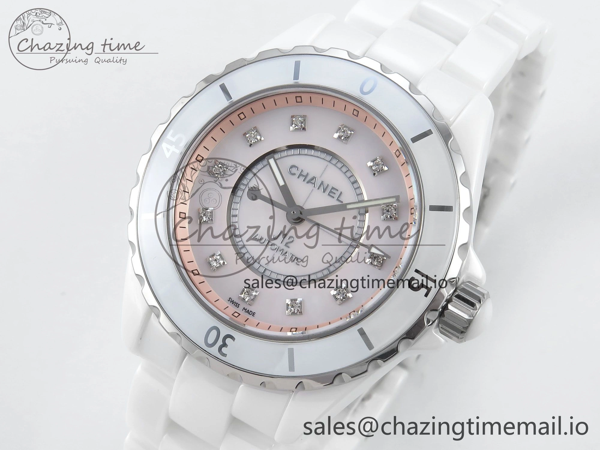 J13 38mm White Ceramic HTF 1:1 Best Edition Pink MOP Dial Diamonds Markers on Bracelet A Classic 6451