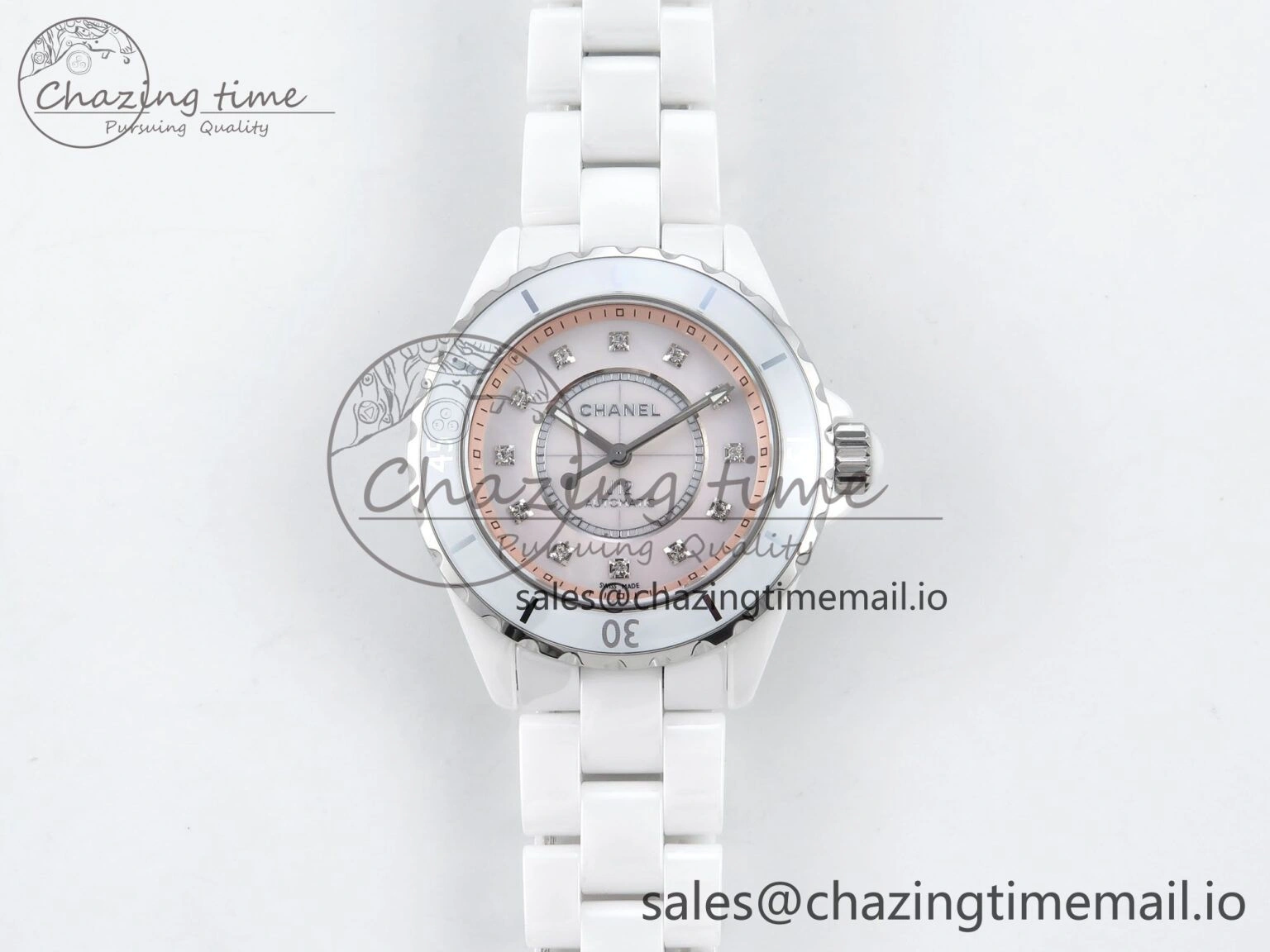 J13 38mm White Ceramic HTF 1:1 Best Edition Pink MOP Dial Diamonds Markers on Bracelet A Classic 6451