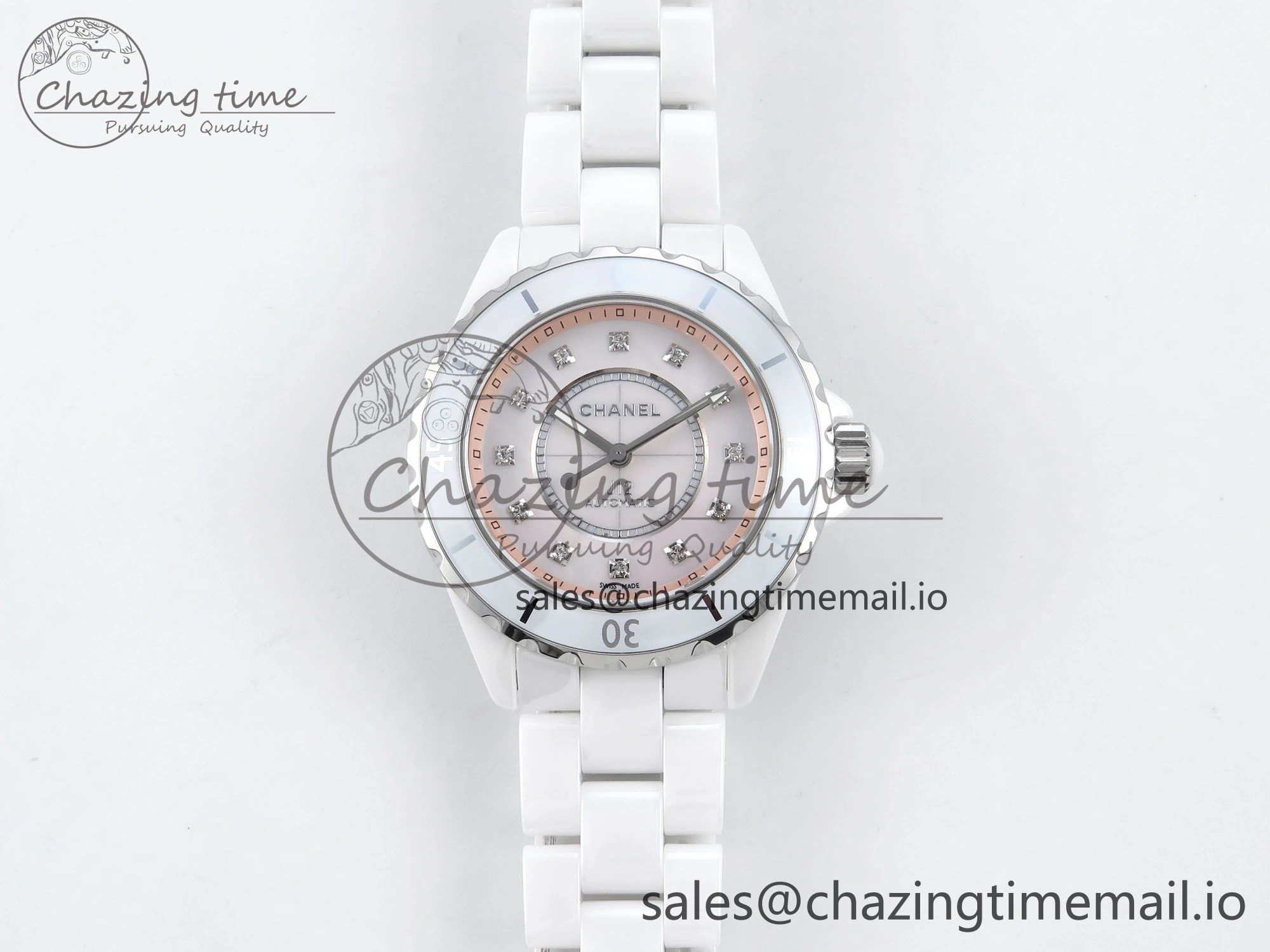 J13 38mm White Ceramic HTF 1:1 Best Edition Pink MOP Dial Diamonds Markers on Bracelet A Classic 6451