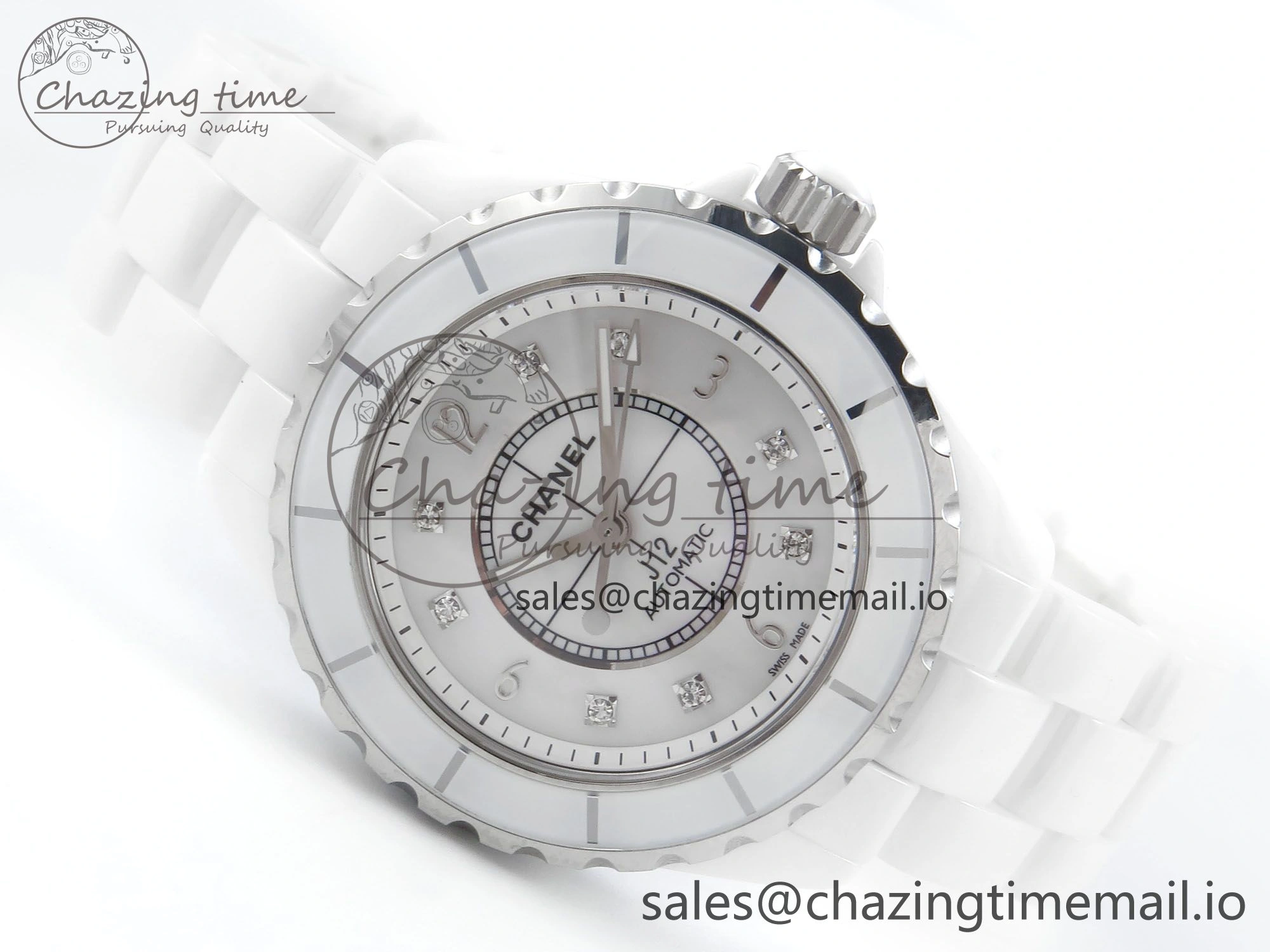 Snug J13 38mm White Ceramic HTF 1:1 Best Edition White Dial Diamonds Numbers Makers on Bracelet A 6450
