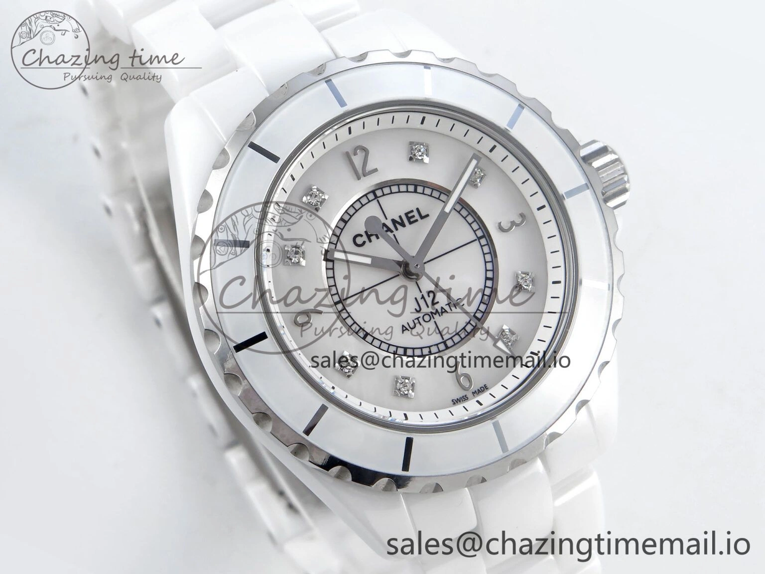 Snug J13 38mm White Ceramic HTF 1:1 Best Edition White Dial Diamonds Numbers Makers on Bracelet A 6450