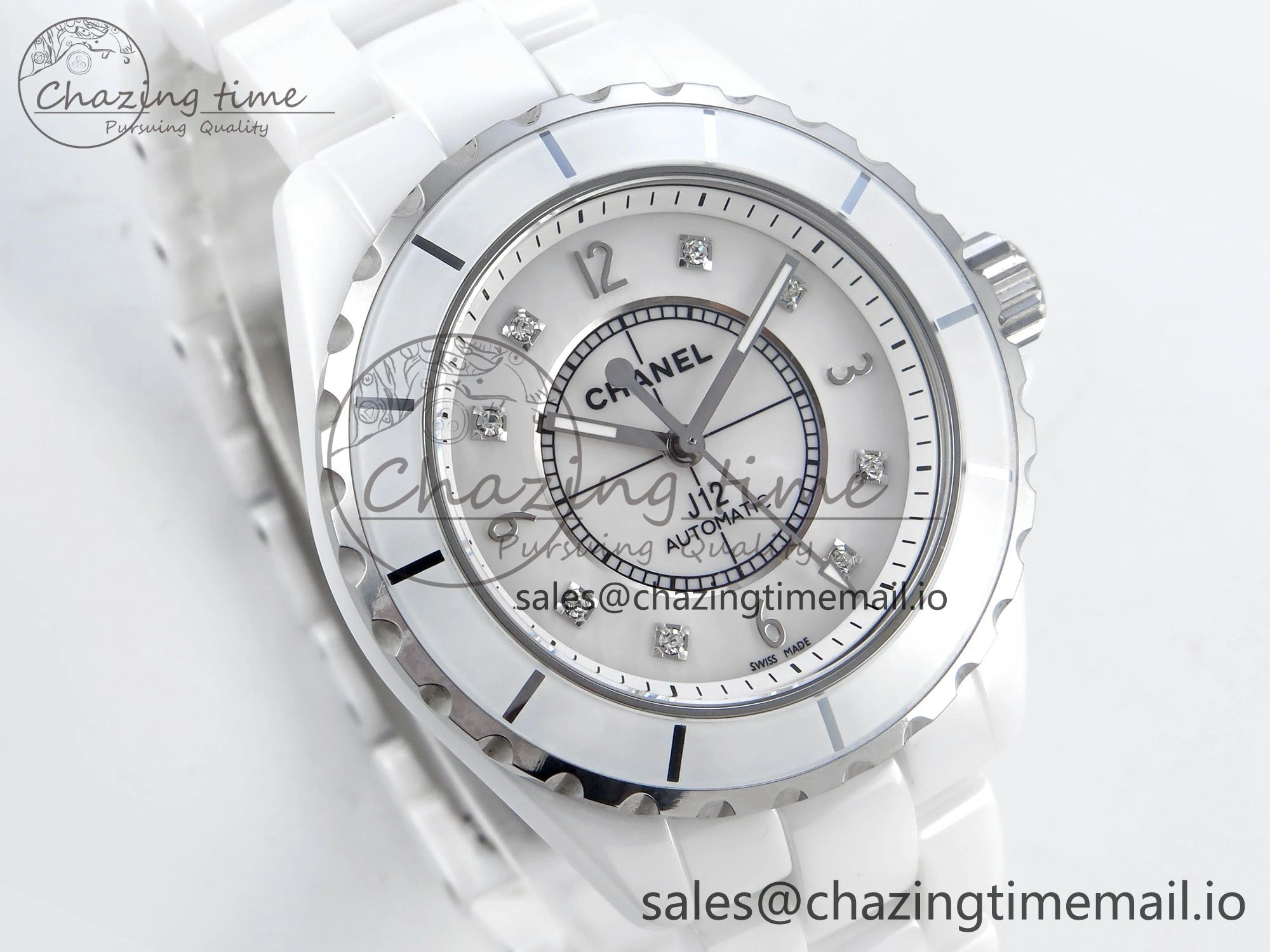 Snug J13 38mm White Ceramic HTF 1:1 Best Edition White Dial Diamonds Numbers Makers on Bracelet A 6450