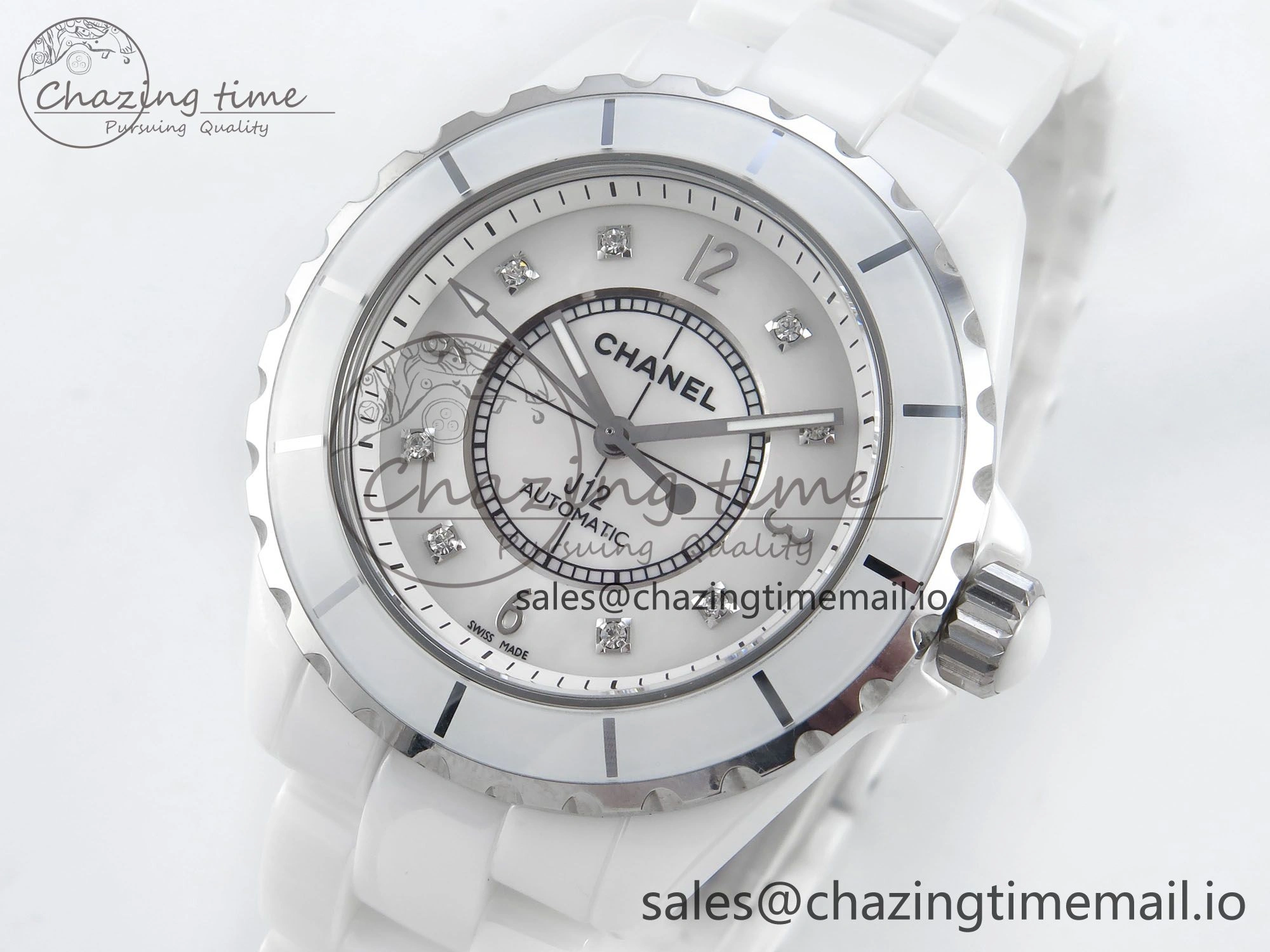 Snug J13 38mm White Ceramic HTF 1:1 Best Edition White Dial Diamonds Numbers Makers on Bracelet A 6450