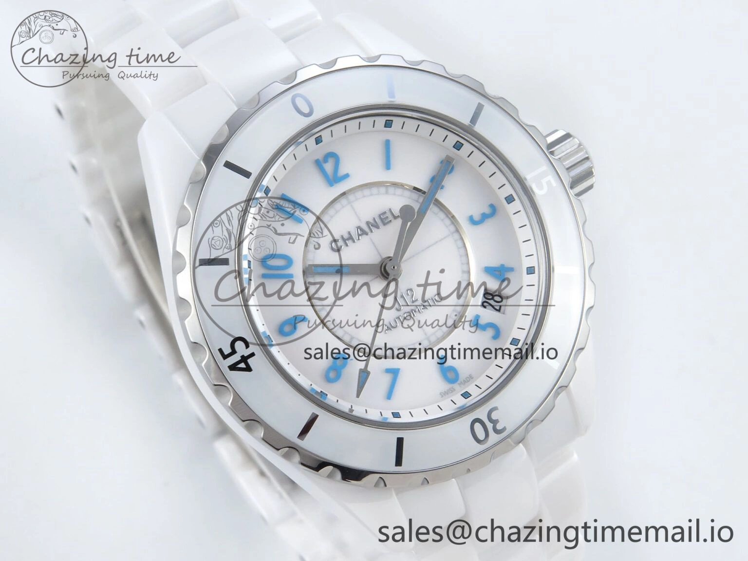 J13 38mm White Ceramic HTF 1:1 Best Edition White Blue Dial on Bracelet A Trendy 6454