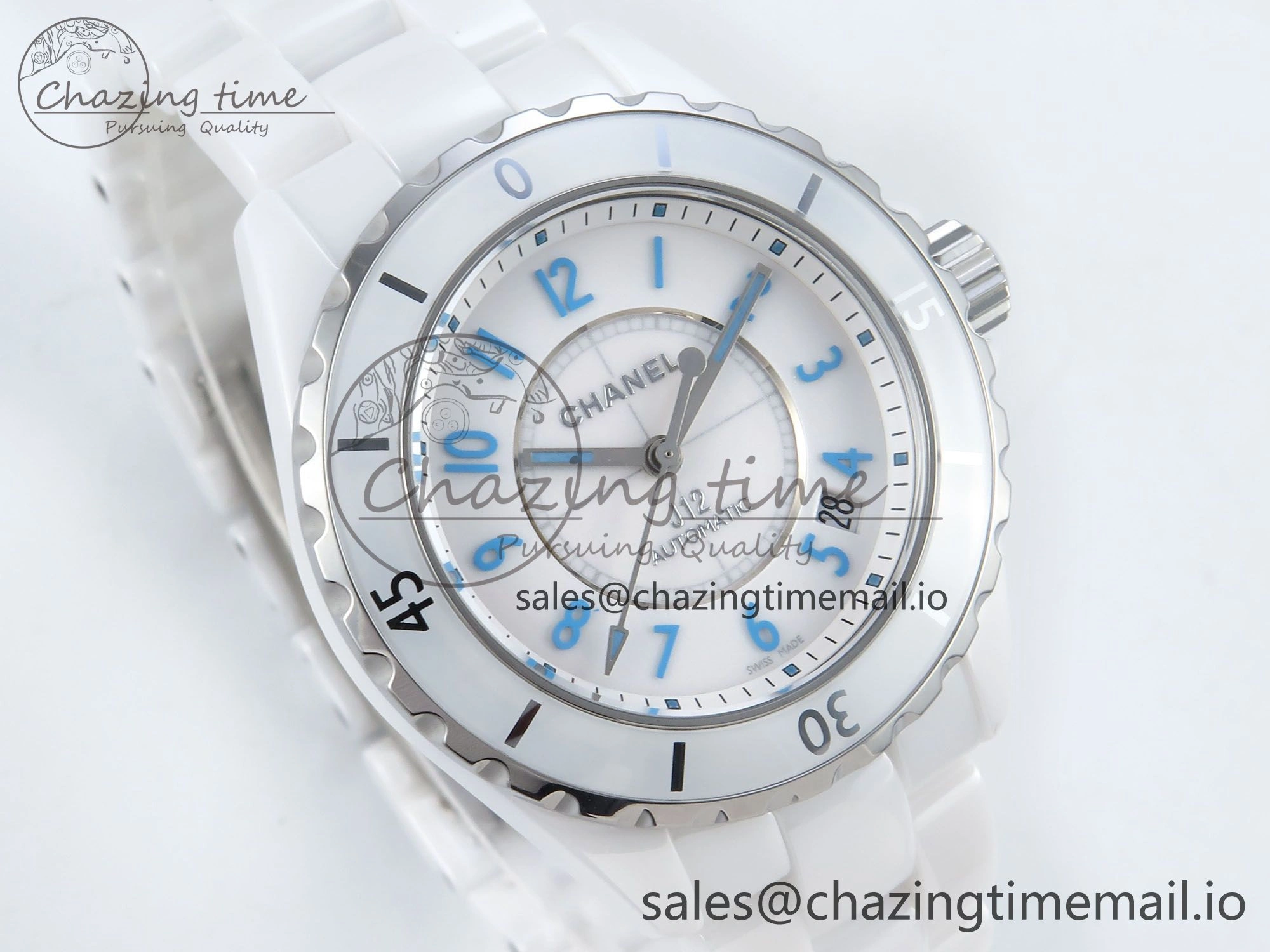 J13 38mm White Ceramic HTF 1:1 Best Edition White Blue Dial on Bracelet A Trendy 6454
