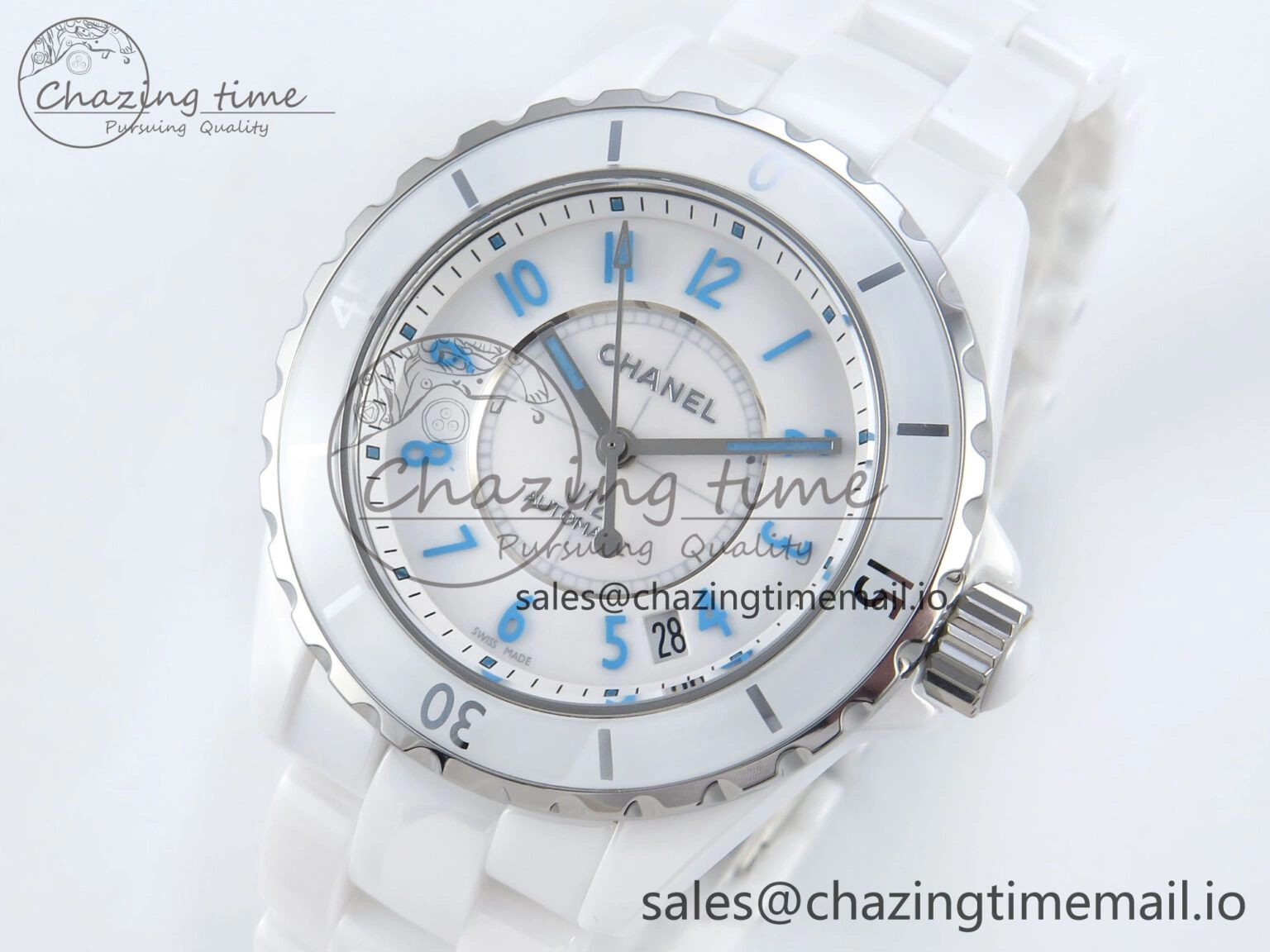 J13 38mm White Ceramic HTF 1:1 Best Edition White Blue Dial on Bracelet A Trendy 6454