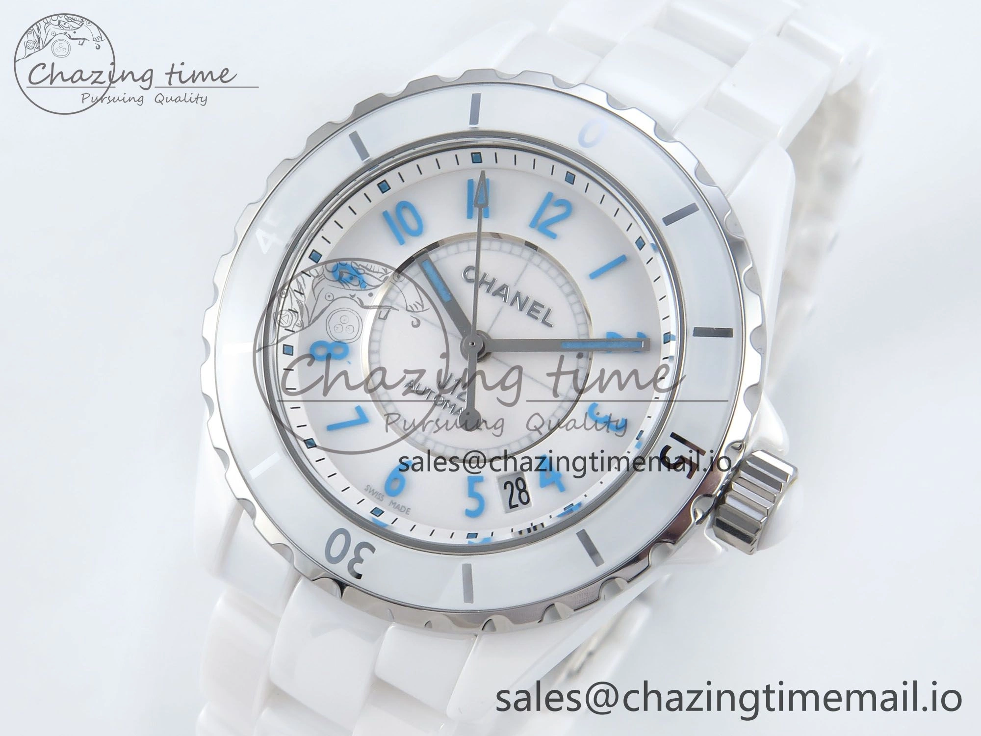 J13 38mm White Ceramic HTF 1:1 Best Edition White Blue Dial on Bracelet A Trendy 6454