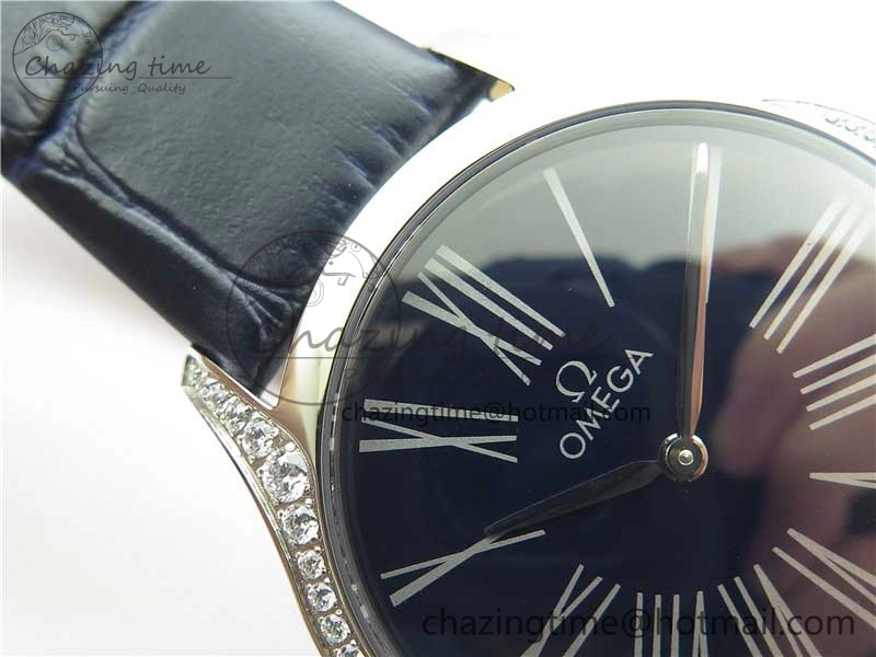 Ladies’ De Ville Trésor Diamond SS 3AF 1:1 Best Edition Black Dial On Black Leather Strap Swiss Quartz ZeroBulk 7881