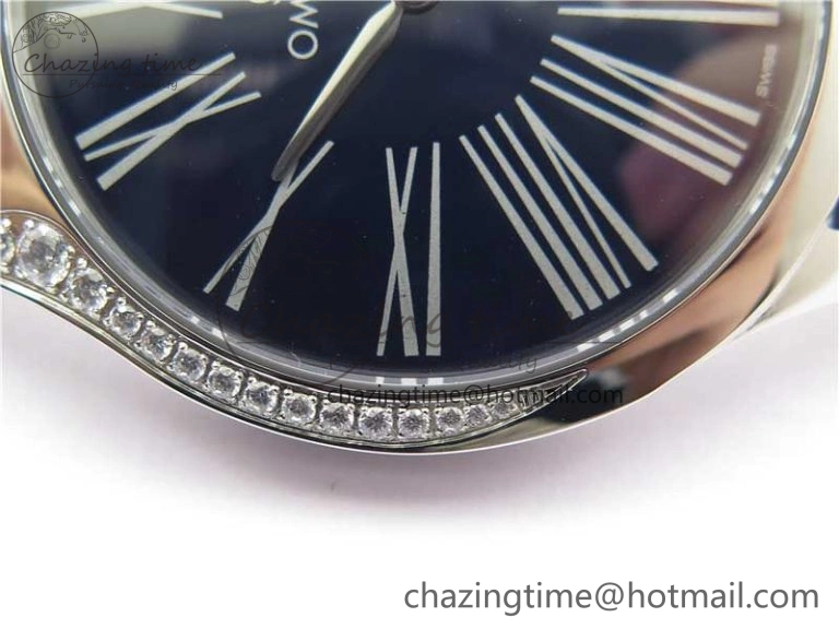 Ladies’ De Ville Trésor Diamond SS 3AF 1:1 Best Edition Black Dial On Black Leather Strap Swiss Quartz ZeroBulk 7881