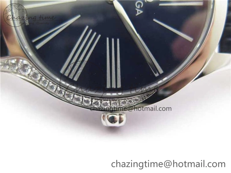 Ladies’ De Ville Trésor Diamond SS 3AF 1:1 Best Edition Black Dial On Black Leather Strap Swiss Quartz ZeroBulk 7881