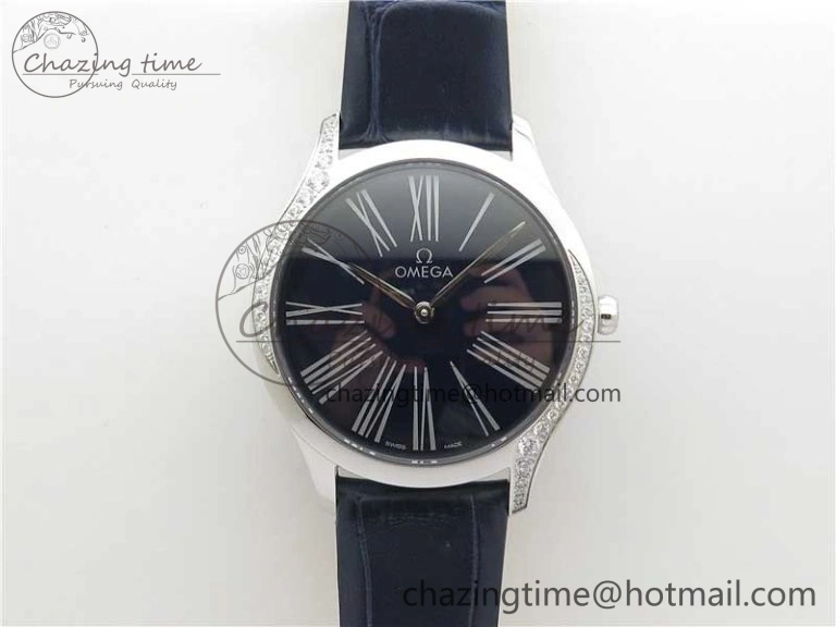 Ladies’ De Ville Trésor Diamond SS 3AF 1:1 Best Edition Black Dial On Black Leather Strap Swiss Quartz ZeroBulk 7881
