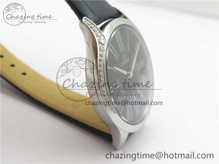 Ladies’ De Ville Trésor Diamond SS 3AF 1:1 Best Edition Black Dial On Black Leather Strap Swiss Quartz ZeroBulk 7881