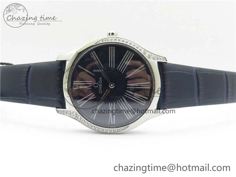 Ladies’ De Ville Trésor Diamond SS 3AF 1:1 Best Edition Black Dial On Black Leather Strap Swiss Quartz ZeroBulk 7881
