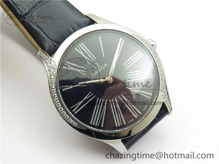 Ladies’ De Ville Trésor Diamond SS 3AF 1:1 Best Edition Black Dial On Black Leather Strap Swiss Quartz ZeroBulk 7881