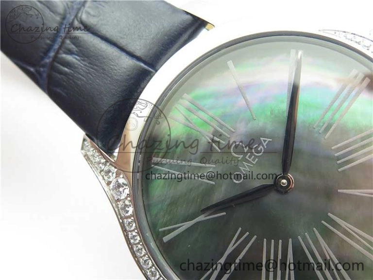 Ladies’ De Ville Trésor Diamond SS 3AF 1:1 Best Edition Black MOP Dial On Black Leather Strap Swiss Quartz Trendsetting 7878
