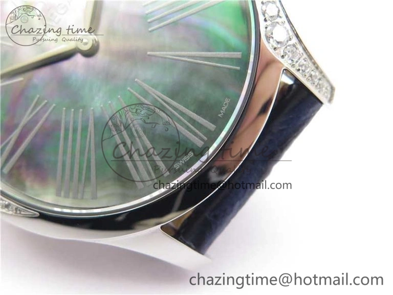 Ladies’ De Ville Trésor Diamond SS 3AF 1:1 Best Edition Black MOP Dial On Black Leather Strap Swiss Quartz Trendsetting 7878