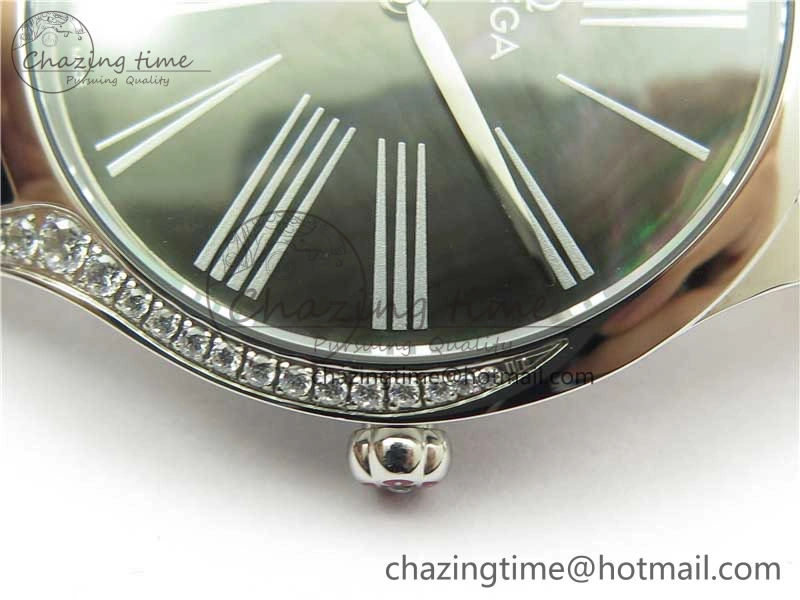 Ladies’ De Ville Trésor Diamond SS 3AF 1:1 Best Edition Black MOP Dial On Black Leather Strap Swiss Quartz Trendsetting 7878