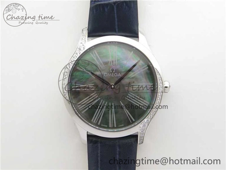 Ladies’ De Ville Trésor Diamond SS 3AF 1:1 Best Edition Black MOP Dial On Black Leather Strap Swiss Quartz Trendsetting 7878