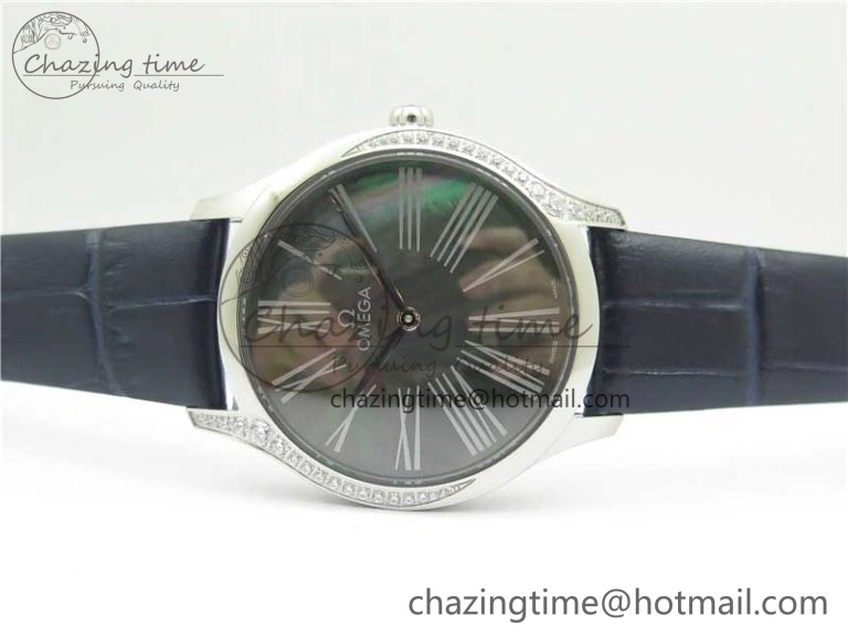 Ladies’ De Ville Trésor Diamond SS 3AF 1:1 Best Edition Black MOP Dial On Black Leather Strap Swiss Quartz Trendsetting 7878