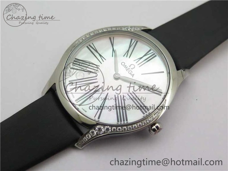 Ladies’ De Ville Trésor Diamond SS 3AF 1:1 Best Edition White Dial Black Markers On Black fabric strap Swiss Quartz Upgraded 7880