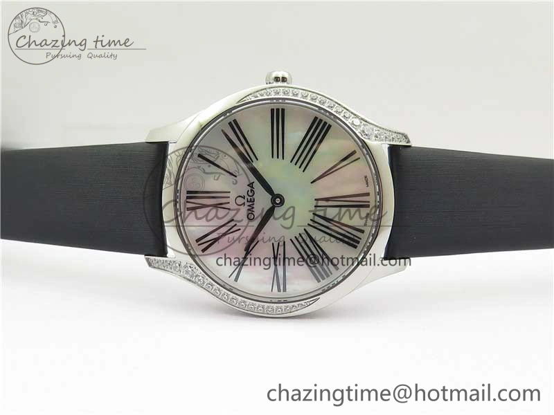 Ladies’ De Ville Trésor Diamond SS 3AF 1:1 Best Edition White Dial Black Markers On Black fabric strap Swiss Quartz Upgraded 7880