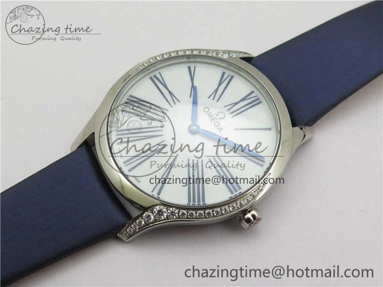 Ladies’ De Ville Trésor Diamond SS 3AF 1:1 Best Edition White Dial On Blue Fabric Strap Swiss Quartz Sustainable 7883