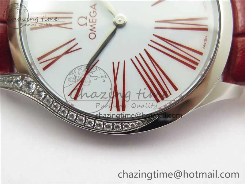 Ladies’ De Ville Trésor Diamond SS 3AF 1:1 Best Edition White Dial On Red Leather Strap Swiss Quartz Affordable 10330