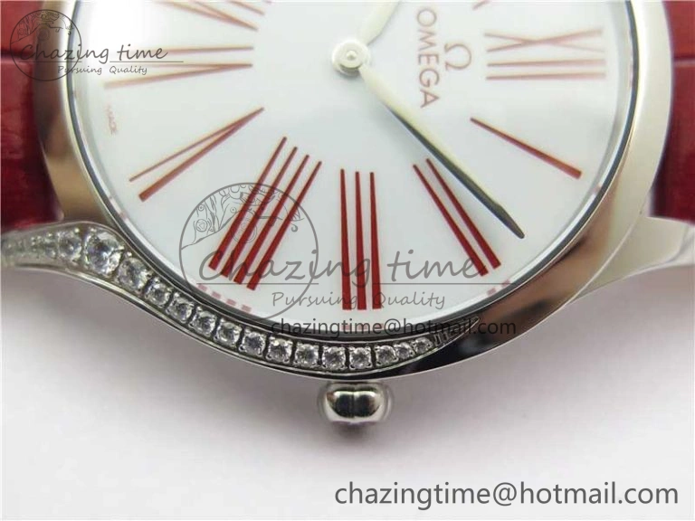 Ladies’ De Ville Trésor Diamond SS 3AF 1:1 Best Edition White Dial On Red Leather Strap Swiss Quartz Affordable 10330