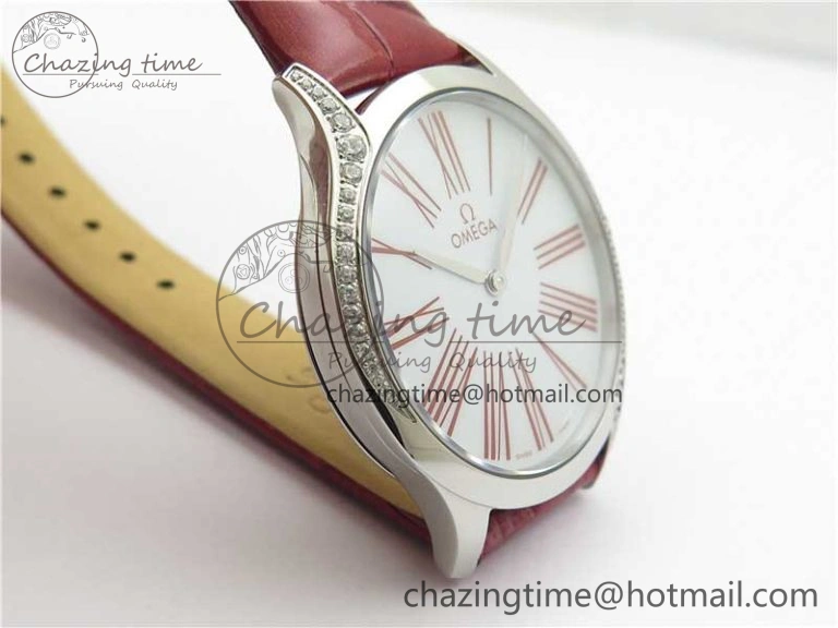Ladies’ De Ville Trésor Diamond SS 3AF 1:1 Best Edition White Dial On Red Leather Strap Swiss Quartz Affordable 10330