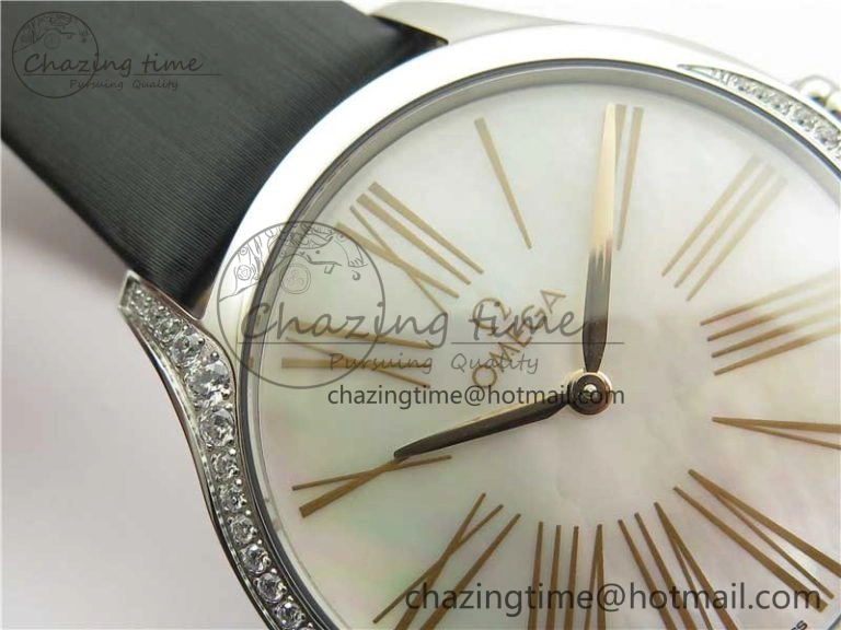 Ladies’ De Ville Trésor Diamond SS 3AF 1:1 Best Edition White MOP Dial RG Markers On Black Fabric strap Swiss Quartz Comfortable 7884
