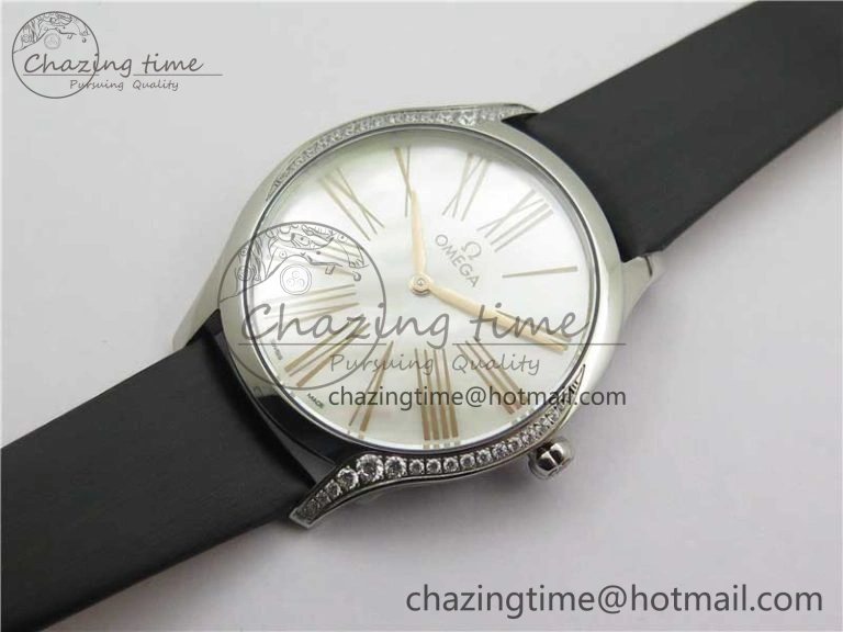 Ladies’ De Ville Trésor Diamond SS 3AF 1:1 Best Edition White MOP Dial RG Markers On Black Fabric strap Swiss Quartz Comfortable 7884