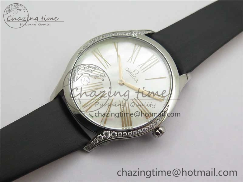 Ladies’ De Ville Trésor Diamond SS 3AF 1:1 Best Edition White MOP Dial RG Markers On Black Fabric strap Swiss Quartz Comfortable 7884