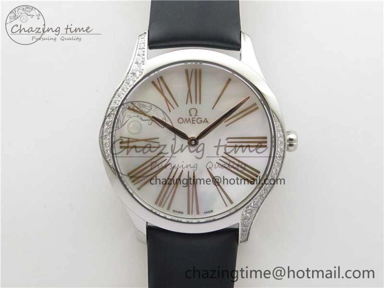 Ladies’ De Ville Trésor Diamond SS 3AF 1:1 Best Edition White MOP Dial RG Markers On Black Fabric strap Swiss Quartz Comfortable 7884