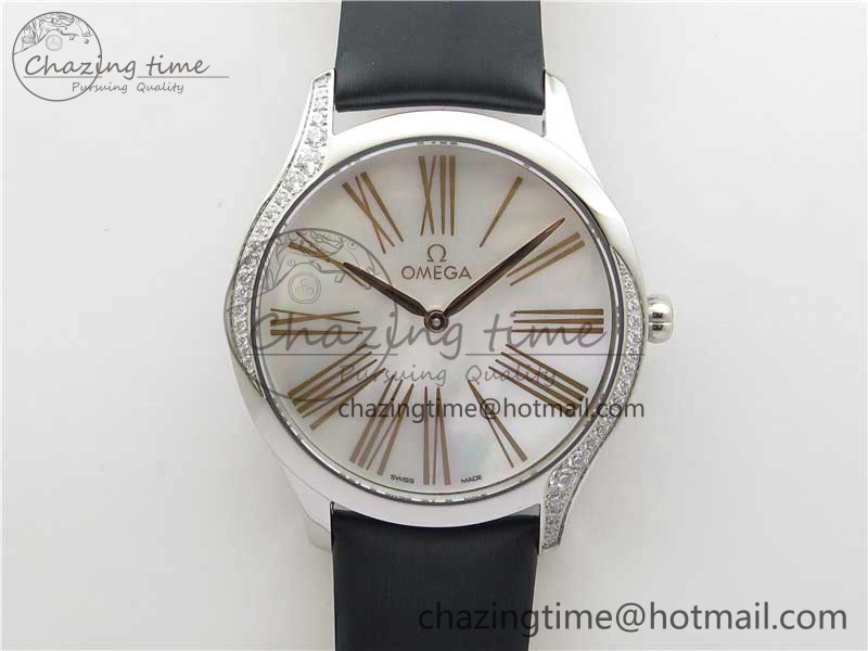 Ladies’ De Ville Trésor Diamond SS 3AF 1:1 Best Edition White MOP Dial RG Markers On Black Fabric strap Swiss Quartz Comfortable 7884