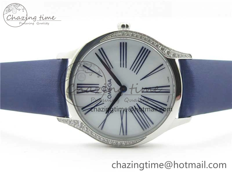 Ladies’ De Ville Trésor Diamond White Dial Blue Fabric Watch OXF 1:1 Best Edition Swiss Quartz Original 7894