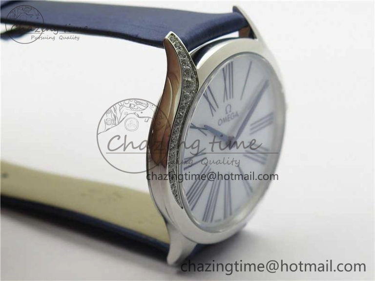 Ladies’ De Ville Trésor Diamond White Dial Blue Fabric Watch OXF 1:1 Best Edition Swiss Quartz Original 7894
