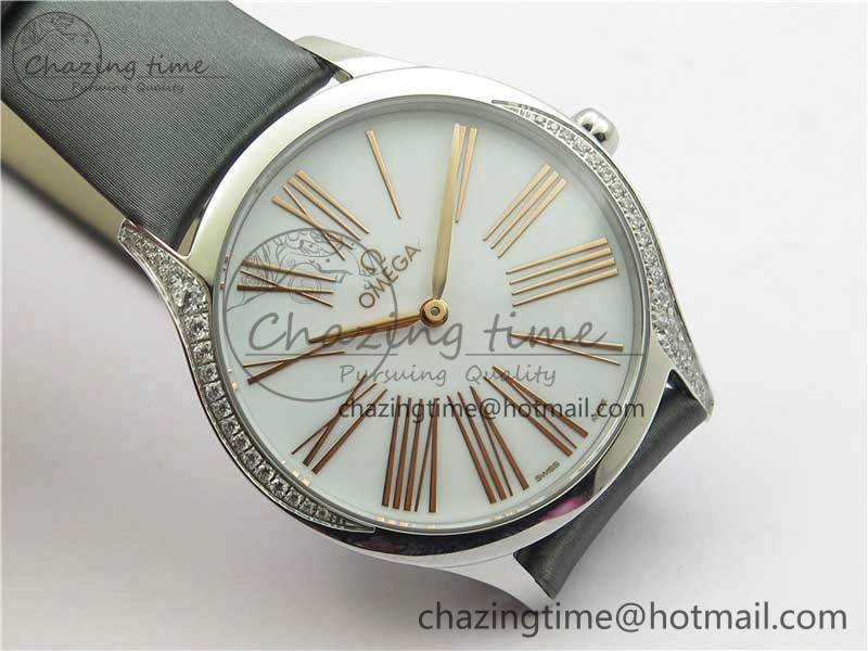 Ladies’ De Ville Trésor Diamond White Dial Gray Fabric Watch OXF 1:1 Best Edition Swiss Quartz GoAnywhere 7893