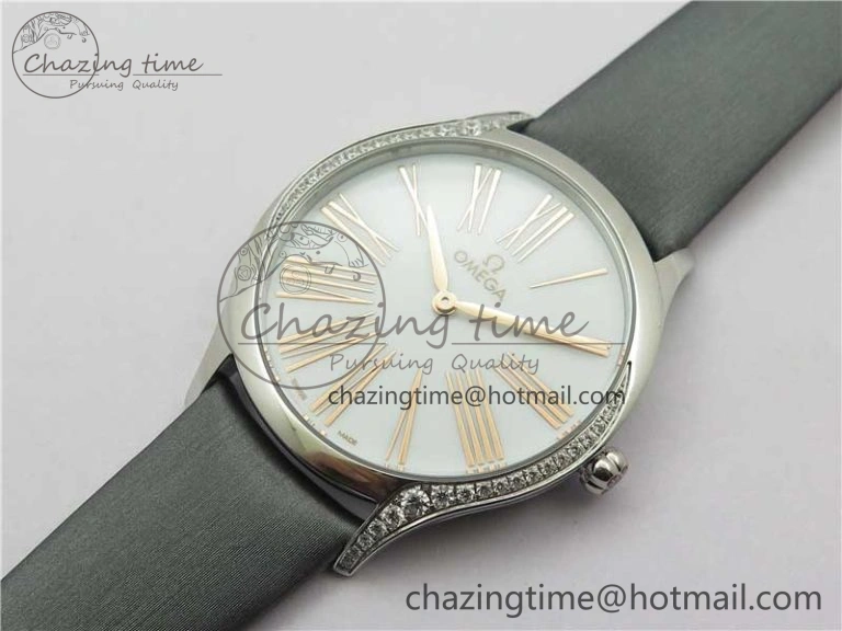 Ladies’ De Ville Trésor Diamond White Dial Gray Fabric Watch OXF 1:1 Best Edition Swiss Quartz GoAnywhere 7893