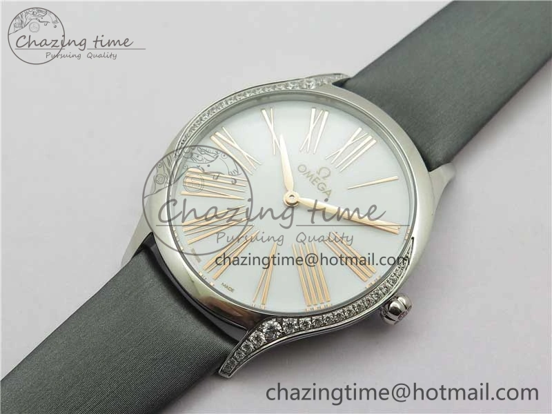 Ladies’ De Ville Trésor Diamond White Dial Gray Fabric Watch OXF 1:1 Best Edition Swiss Quartz GoAnywhere 7893