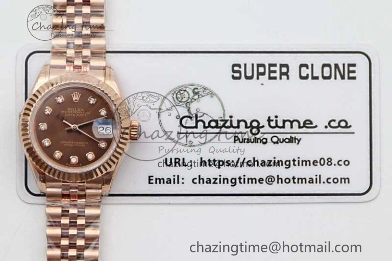 Lady DateJust 28 RG TWF 1:1 Best Edition Brown Dial Diamonds Markers on Jubilee Bracelet NH Soft 2137