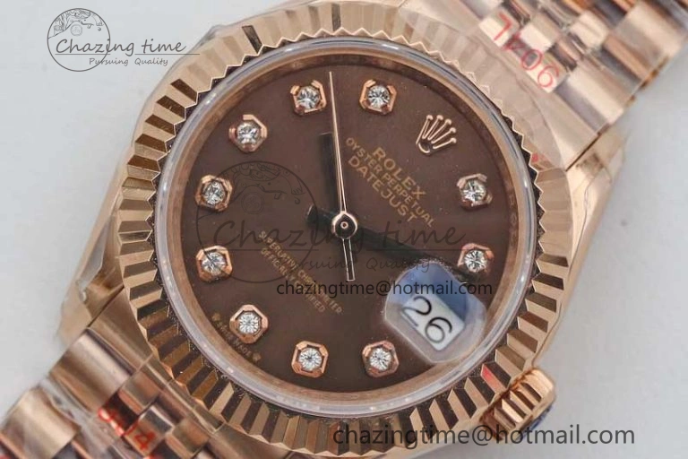 Lady DateJust 28 RG TWF 1:1 Best Edition Brown Dial Diamonds Markers on Jubilee Bracelet NH Soft 2137