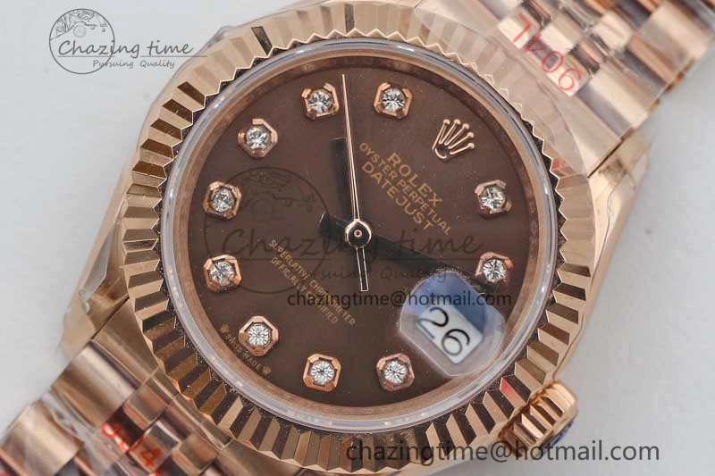 Lady DateJust 28 RG TWF 1:1 Best Edition Brown Dial Diamonds Markers on Jubilee Bracelet NH Soft 2137